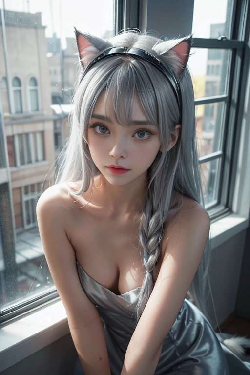 Leaning against the window, sad, Silver Hair, Hair bangs, Cat Ear Headband, Shiny Hair, Skin pores, Glowing Skin, In the room, Rain outside the window, night, Lovely, beautiful, naked