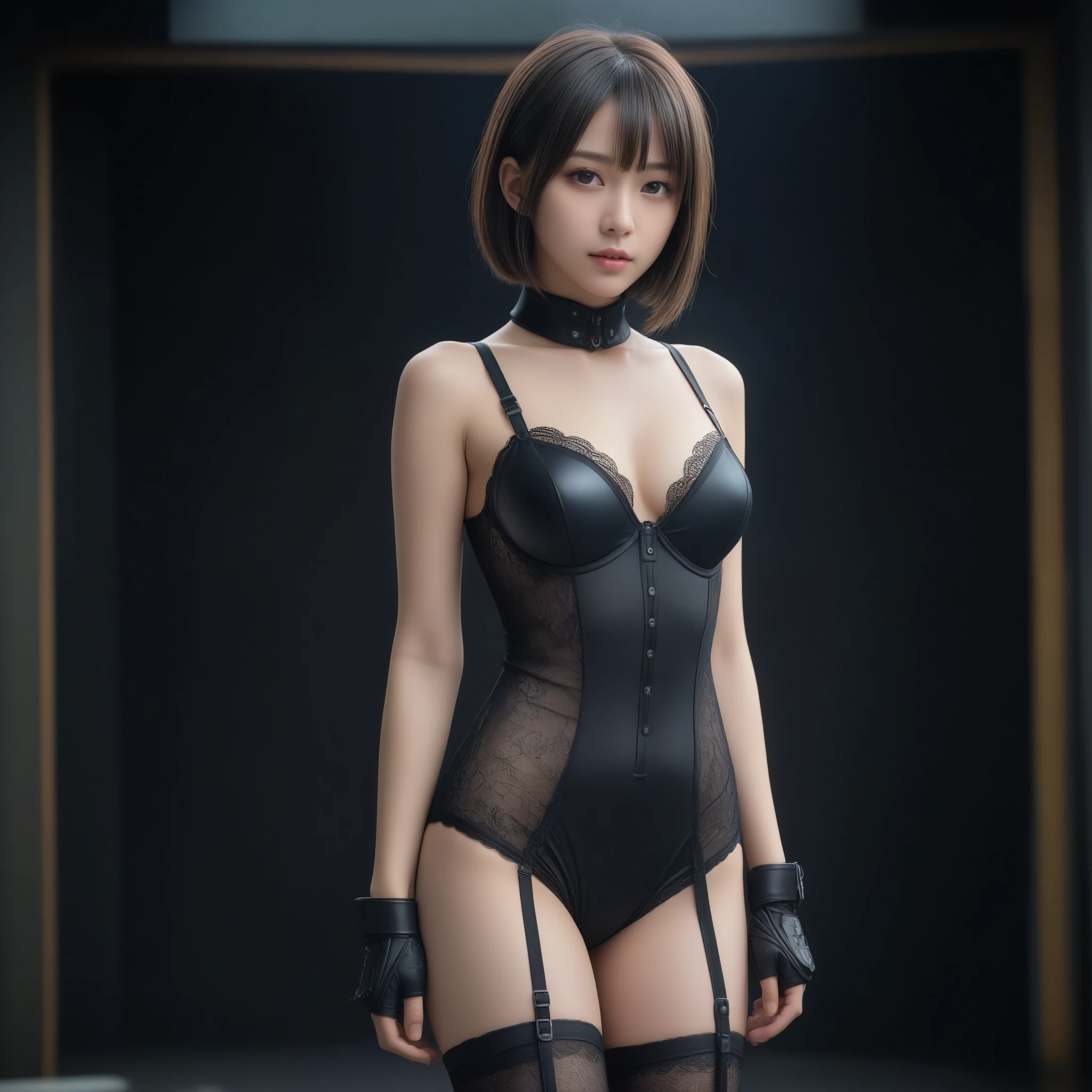 8k, Ultra-high resolution, highest quality, masterpiece, Surreal, photograph, 1 girl, (:1.3), pretty girl, Cute Face, Beautiful eyes in every detail, 細かくdetailedに,masterpiece,, One Girl:1.2, Japan Female Announcer, Ghoulish cyberpunk woman,Bob Haircut,(Futuristic Leotard:1.05),Lace blouse,(lace stockings with garters), Are standing, (In a post-apocalyptic scenario:1.2),Expression of despair,Dark and atmospheric lighting, This pose expresses a somber ecstasy.,Bold Pose,Looking at the audience、beauty,Long neck、Laugh a little、Please close your mouth and laugh、(((Ideal body type))),A cup small breasts :2,、Portraiture:2、Perfect Anatomy、鮮明なdetailed、detailed、Surreal、Light and shadow,Strong light