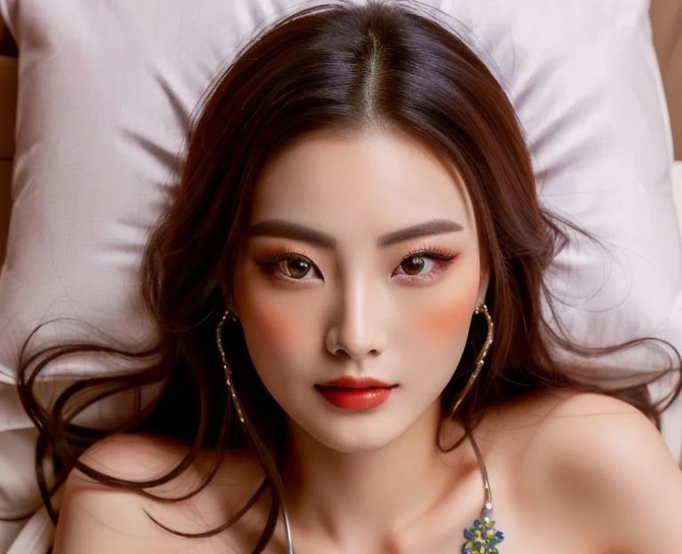 Close-up of a woman wearing a dark blue orange dress., red and green, traditional chinese, Chinese style, Chinese woman, traditional makeup, Chinese girl, Chinese princess, Asian face, oriental face, Empress of China, Chinese dress, Chinese dress, traditional beauty, Southeast Asians with round faces, Inspired by Tang Di, Chinese heritage, Gorgeous Chinese model, traditional, beautiful oriental woman