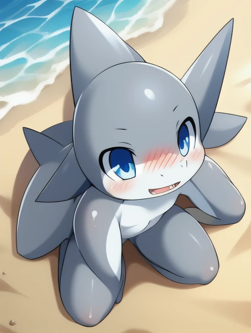 shark,Girl, Humanity, blue eyes, Detailed body, sharkの鼻, naked, masterpiece, Two-tone body skin, Grey body skin, clear Grey body skin, Detailed face, Fine grain, Detailed body, Perfect Shadow, Perfect Eyes, Fine hand, Shiny body, tooth, whole body, have three toes,Three fingers on the hand, Dynamic Angle, alone,beach,Fascinating body,cute,blush,Spread your legs,Sex,Crotch,Vaginal widening,人間にCrotch