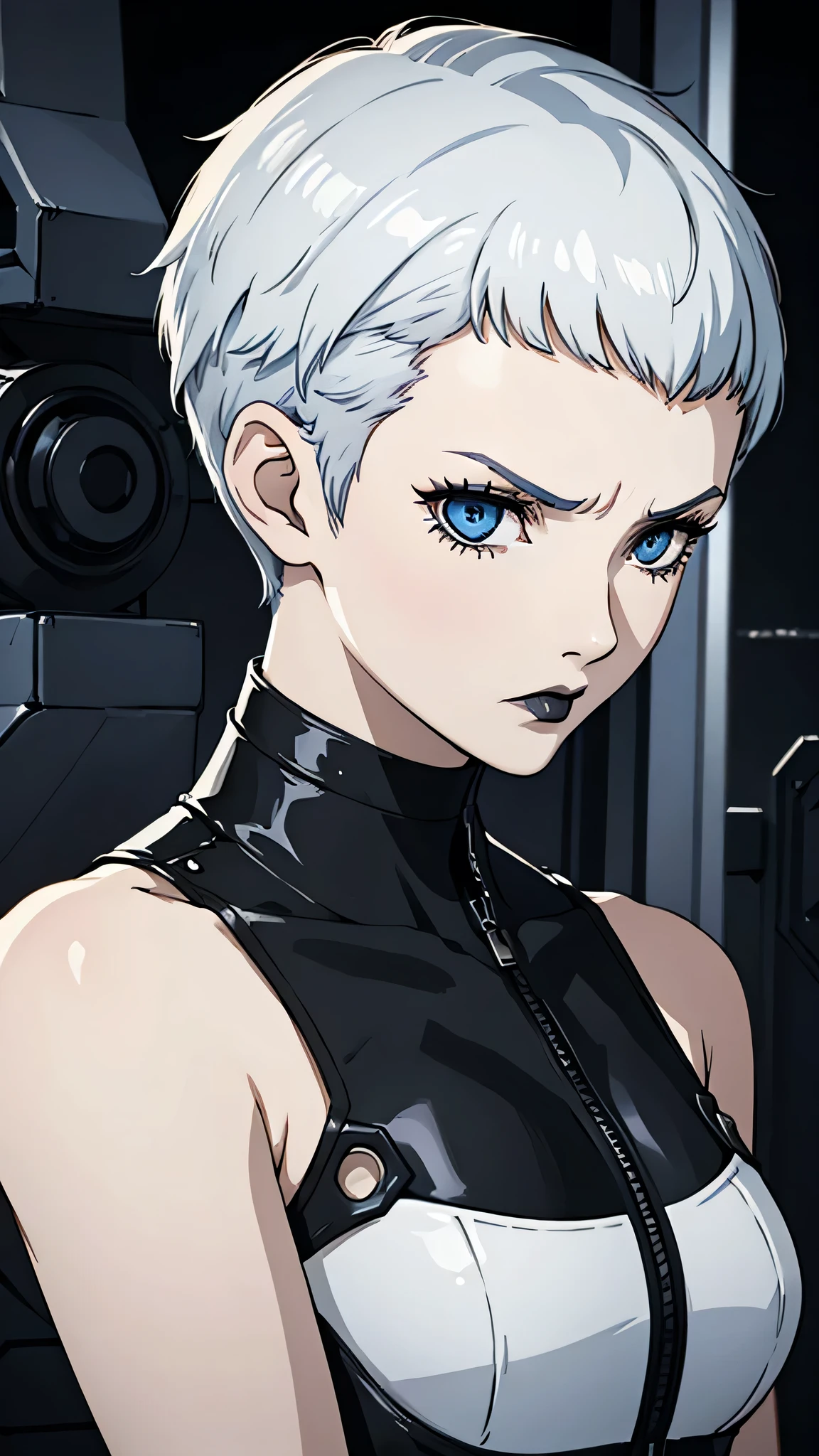 1 girl, blue eyes, black choker, Black lipstick, portrait, angry, white hair, Black combat suit, Pixie tomboy haircut, shaven hair