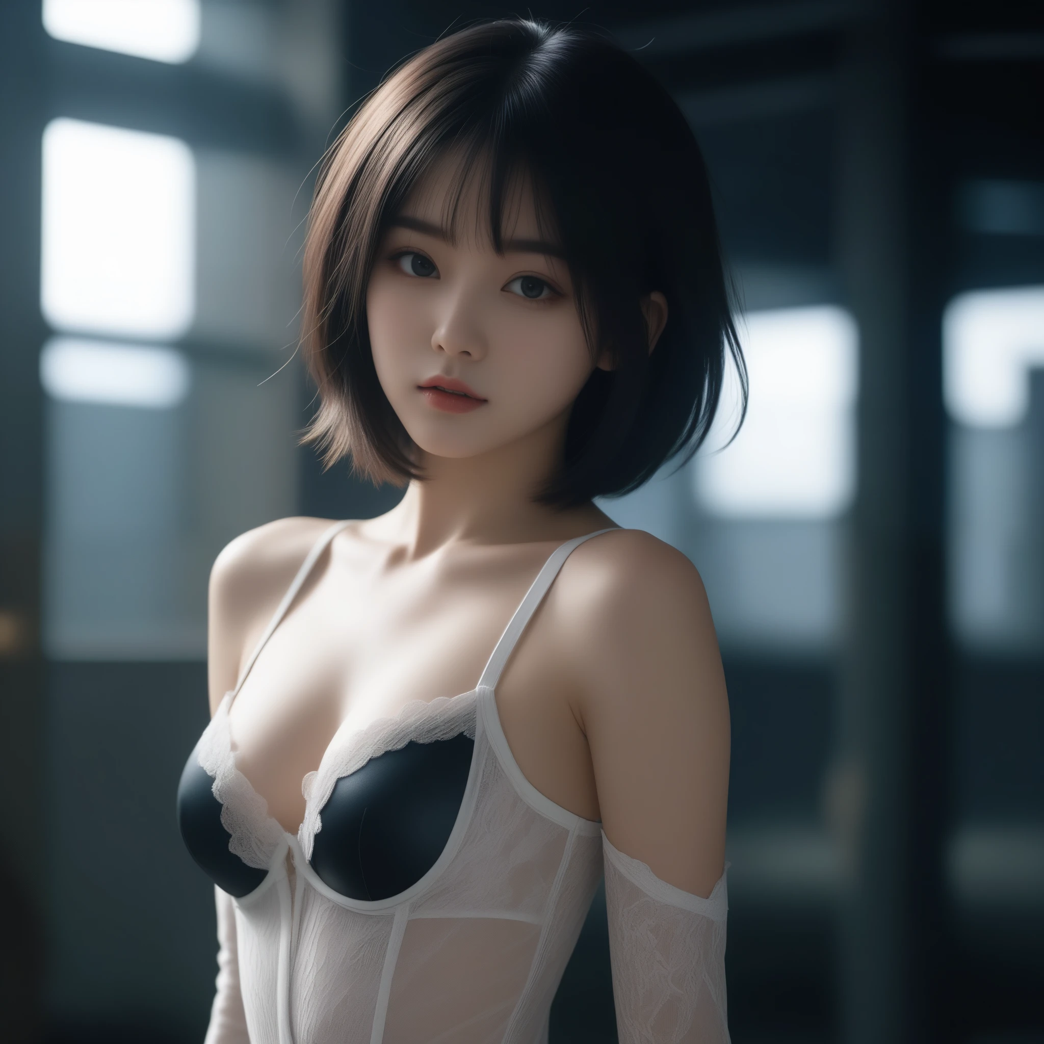 8k, Ultra-high resolution, highest quality, masterpiece, Surreal, photograph, 1 girl, (:1.3), pretty girl, Cute Face, Beautiful eyes in every detail, 細かくdetailedに,masterpiece,, One Girl:1.2, Japan Female Announcer, Ghoulish cyberpunk woman,Bob Haircut,(Futuristic Leotard:1.05),Lace blouse,(lace stockings with garters), Are standing, (In a post-apocalyptic scenario:1.2),Expression of despair,Dark and atmospheric lighting, This pose expresses a somber ecstasy.,Bold Pose,Looking at the audience、beauty,Long neck、Laugh a little、Please close your mouth and laugh、(((Ideal body type))),A cup small breasts :2,、Portraiture:2、Perfect Anatomy、鮮明なdetailed、detailed、Surreal、Light and shadow,Strong light