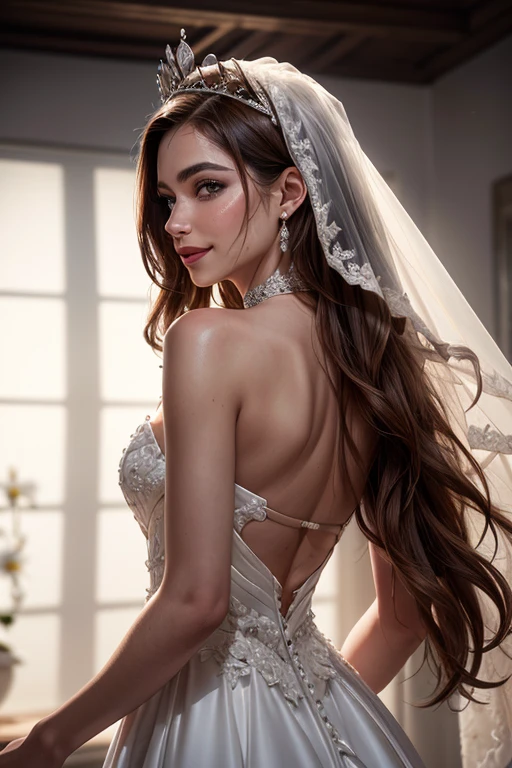 woman, rapunzel, (long hair:1.4), (very long hair:1.45), (absurdly long hair:1.5), blonde hair, smile, shy smile, high heels, earring, collar, (white dress:1.5), (wedding crown:1.2), (wedding dress:1.5), (bridal dress:1.2), (flower:1.2), (wedding party:1.2), from behind,, (masterpiece, high quality, best quality:1.3), (photorealism:1.3), (dynamic shadows, dynamic lighting:1.2), (natural skin texture:1.5), (natural lips, detailed lips:1.3), (natural shadows, detailed shadows:1.5), (hyperrealism, soft light, sharp), (hdr, hyperdetailed:1), (intricate details:0.8), detailed eyes, detailed hair, detailed skin, 8k, (cinematic look:1.4), insane details, intricate details, hyperdetailed, low contrast, soft cinematic light, exposure blend, hdr, faded, slate gray atmosphere, (everything Detailed), smile 