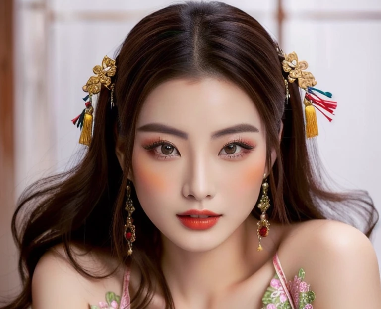 Close-up of a woman wearing a dark blue orange dress., red and green, traditional chinese, Chinese style, Chinese woman, traditional makeup, Chinese girl, Chinese princess, Asian face, oriental face, Empress of China, Chinese dress, Chinese dress, traditional beauty, Southeast Asians with round faces, Inspired by Tang Di, Chinese heritage, Gorgeous Chinese model, traditional, beautiful oriental woman