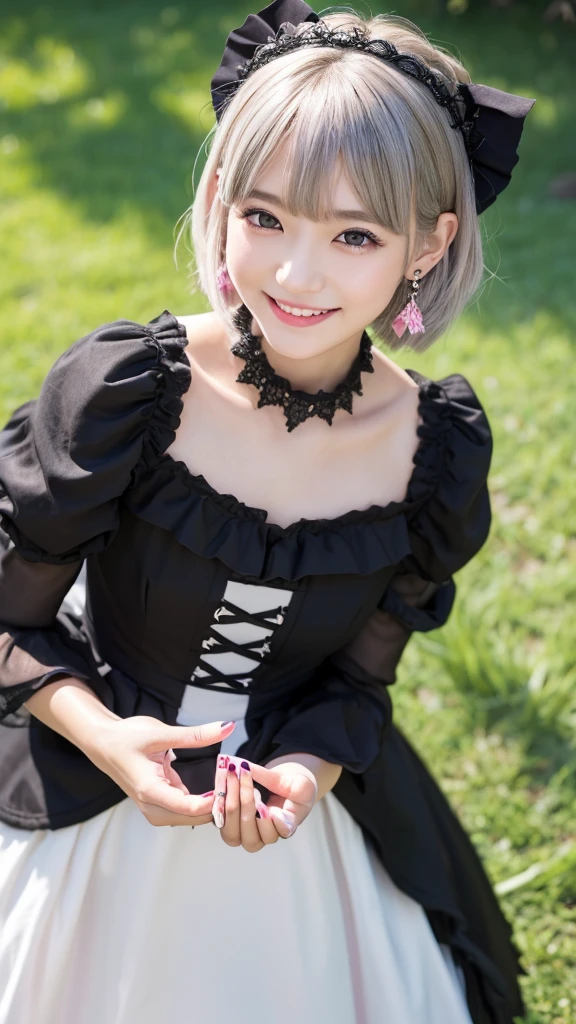(8k, Photorealistic, Raw photo, Highest quality: 1.4),Japanese idol style1Beautiful girl of the person,18-year-old,Short Bob,Silver Hair,Hang your hair over your ears,Wearing shell earrings in her ears,Big, clear grey eyes,Long eyelashes,Tear bags,There is a blackhead under the left eye,Plump Cheeks,Pink lip gloss for glossy, plump lips,Smiling,Wearing black nail polish,barefoot,Wearing a black Gothic ta dress,Standing on the grass under a tree in the park,The noble lady's greeting as she lightly lifts her dress with both hands,She is surrounded by the gentle sunlight filtering through the trees.,Full body portrait,View from below,Looking down at the camera