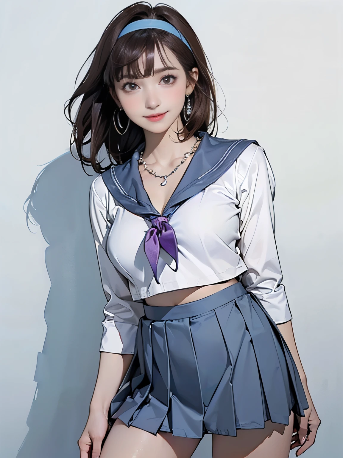 ((((highest quality))))、(((Ultra-precision CG16K wallpaper)))、(((masterpiece)))、(((Super detailed)))、(((Extreme detail)))、((１Mature 29 year old woman:1.6))、((Very beautiful Japanese faces))、((Zuo々Nozomi:1.5))、((Straight one-length medium hair、blunt bangs:1.3))、(Shiny brown hair)、Beautiful delicate eyes、Brown Eyes、eyeliner、Eyeshadow、High nose、Small nostrils、Small Mouth、Seductive lips、Beautiful breasts、((C cup size breasts))、Cleavage、Beautiful feet、eight-headed body、Perfect proportions、Perfect ???????、Perfect composition、Beautiful detailed shading、Beautiful, natural lighting、Beautiful detail glow、Depth of written boundary、(((High chroma)))、(((Real:1.9)))、((vivid:1.5))、((Beautiful Skin))、((Skin Texture))、((Realな皮膚感))、(((Cowboy Shot:1.6)))、((front view、shoot from front、Front low angle:1.6))、(((smile:1.5)))、((The woman is looking at this、looking at viewer、Facing forward:1.6))、Bright daylight、Natural light、(((Flower Garden:1.5)))、(Walking Pose:1.6)、(((Light blue cropped sailor suit、Pleated mini skirt clothing:1.6)))、((Earrings、necklace、Wearing a headband:1.5))、((Knee-high socks:1.3))、