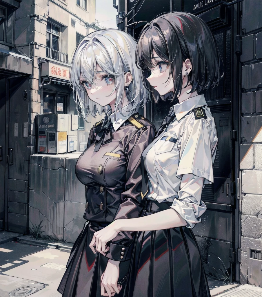 absurdres, RAW photo, extremely delicate and beautiful, masterpiece, Best Quality, ultra high resolution, 32k, hyperrealistic, ultra-detailed, detailed description, perfect anatomy, pale skin, 20 years old, detailed beautiful face and eyes, tearful mole, earring, short medium hair, wavy hair, random colored hair, whole body shot, colossal tits, ((yuri)), (((2 girls))), ((police uniform)), collared shirt, skirt,