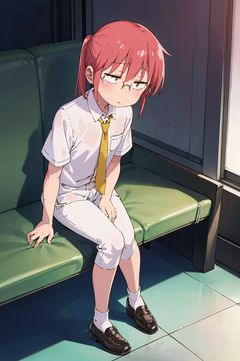 absurderes, solo, ​masterpiece、top-quality、Kobayashi,1 girl, white shirt, yellow tie, black pants,short sleeves、office shoes, tired, flat chest, Highly detailed body lines, underground carriage, sitting, front view, night, spread legs, hand on chest, hand between legs, wet,