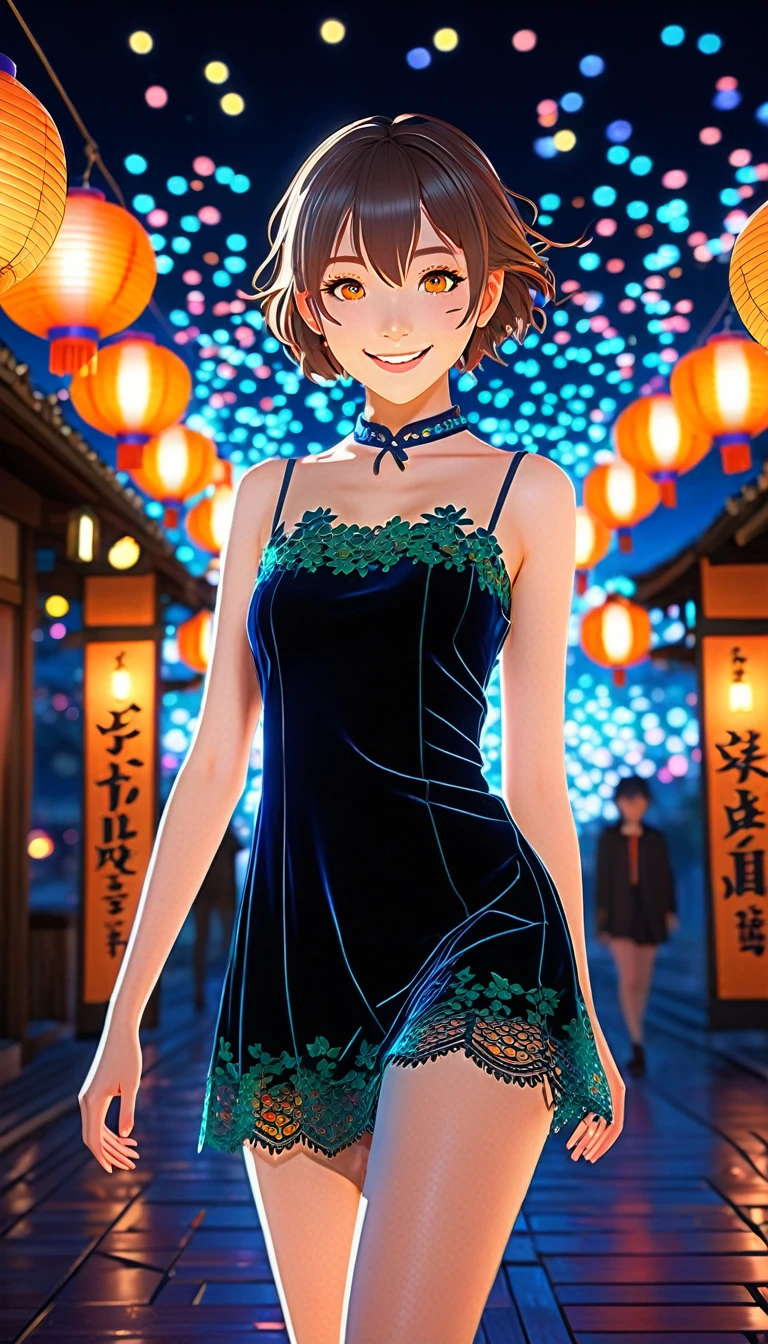 a colorful festival of lanterns background, beautiful androgynous, lace and velvet dress, beautiful face, beautiful legs, light orange eyes, very happy face, full body, colorful colors, detailed background beautiful, 7-eleven store, night vibe,high quality, 8K Ultra HD, 3D effect, A digital illustration of anime style, soft anime tones, Atmosphere like Kyoto Animation, luminism, three dimensional effect, luminism, 3d render, octane render, Isometric, awesome full color, delicate and anime character expressions, playful body manipulations, smile, gaze into the camera, Whimsical lighting, Enchanted ambiance, Soft textures, Imaginative artwork, Ethereal glow, Silent Luminescence, Whispering Silent, Iridescent Encounter, pixie dust glittering, vibrant background, full body, (((rule of thirds))), high quality, high detail, high resolution, (bokeh:2), backlight, long exposure:2