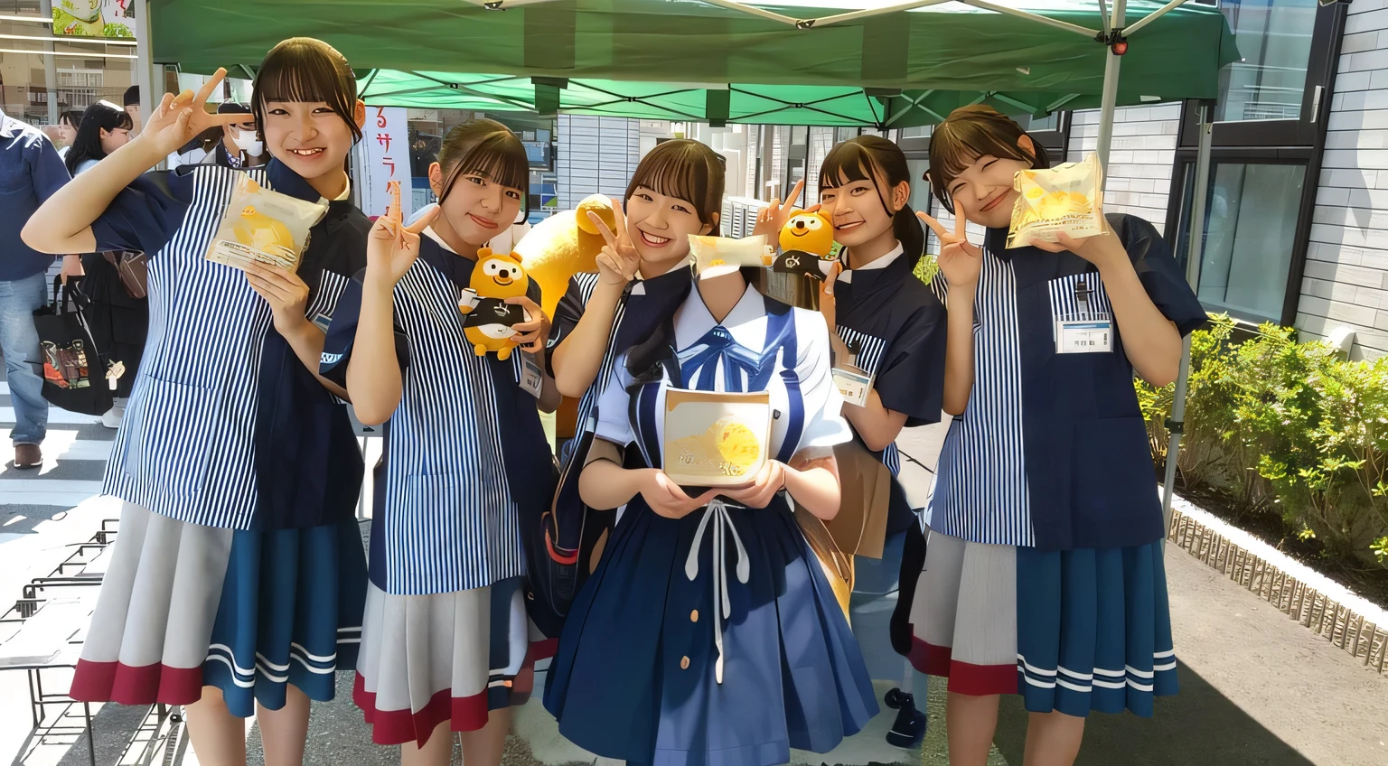 Several girls in uniforms wearing masks take a photograph, satoshi con, nagatoro, With two letters, There were eight characters in the anime., Happy!!!, photograph ( far _ shot ), In such a way, Japanese maid cafe, In front of the ramen shop, A, Ka, Sa, Ta, Na, Ha, On , Shy smile