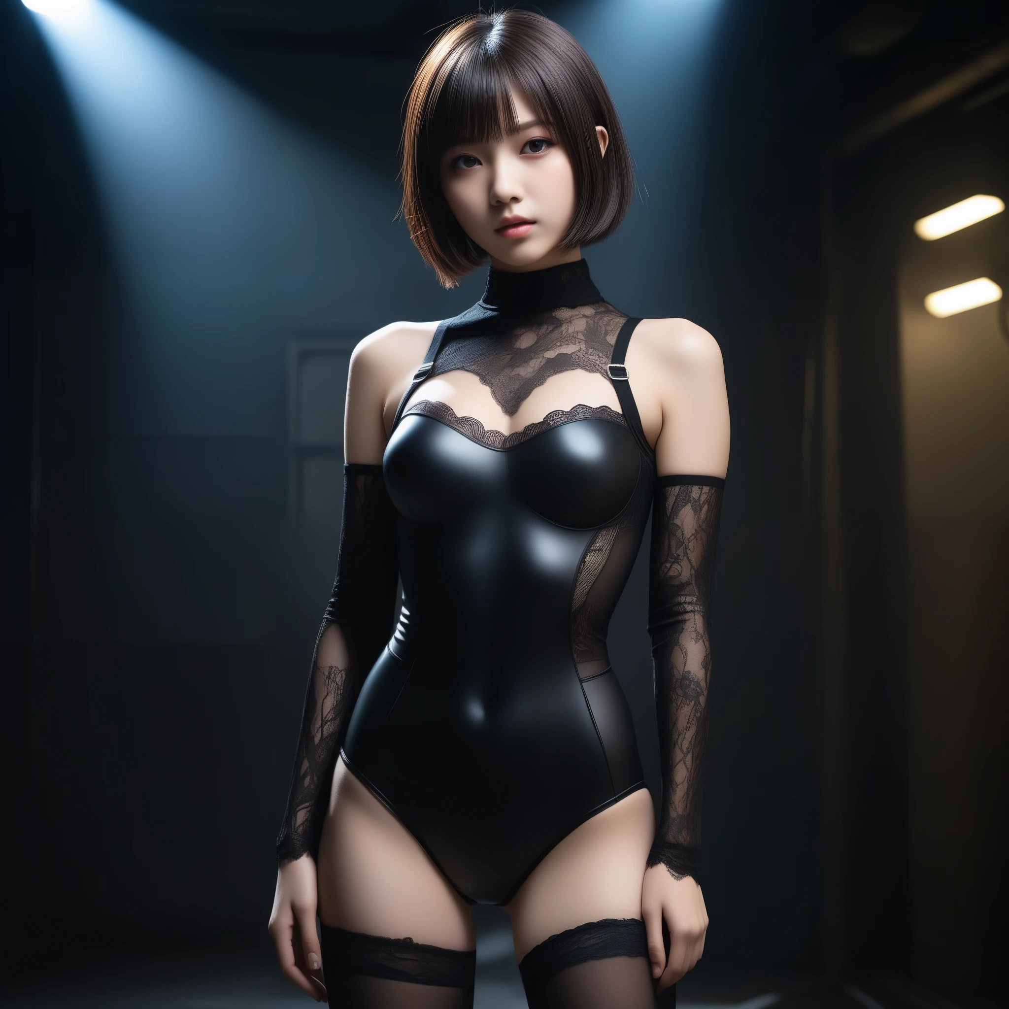 8k, Ultra-high resolution, highest quality, masterpiece, Surreal, photograph, 1 girl, (:1.3), pretty girl, Cute Face, Beautiful eyes in every detail, 細かくdetailedに,masterpiece,, One Girl:1.2, Japan Female Announcer, Ghoulish cyberpunk woman,Bob Haircut,(Futuristic Leotard:1.05),Lace blouse,(lace stockings with garters), Are standing, (In a post-apocalyptic scenario:1.2),Expression of despair,Dark and atmospheric lighting, This pose expresses a somber ecstasy.,Bold Pose,Looking at the audience、beauty,Long neck、Laugh a little、Please close your mouth and laugh、(((Ideal body type))),A cup small breasts :2,、Portraiture:2、Perfect Anatomy、鮮明なdetailed、detailed、Surreal、Light and shadow,Strong light
