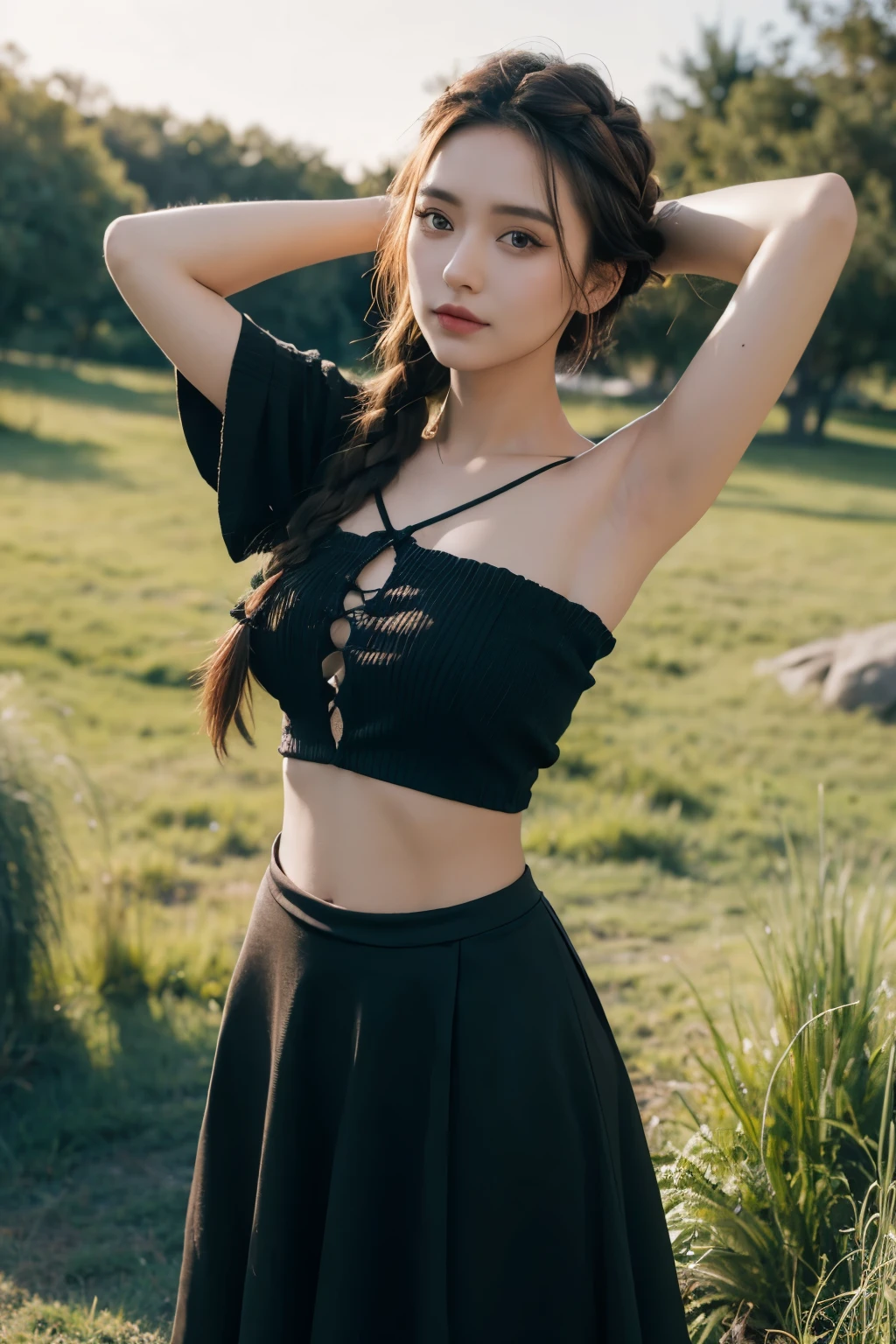 Braided hair, armpit, off shoulder sleevesless gothic outfit, stomach, grass trees background