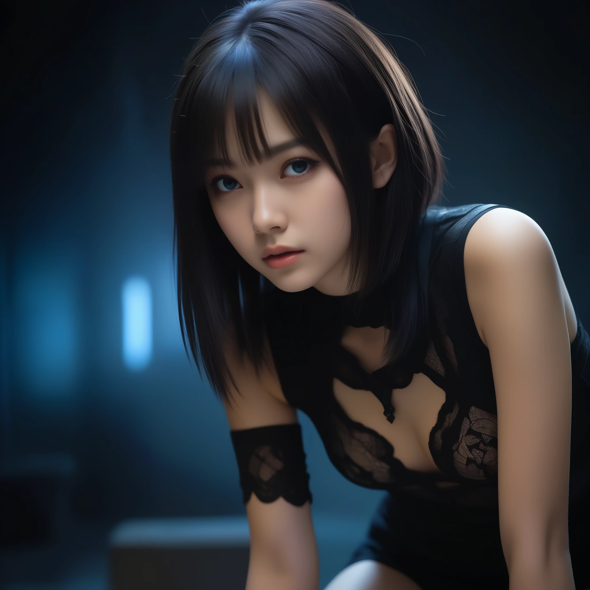 8k, Ultra-high resolution, highest quality, masterpiece, Surreal, photograph, 1 girl, (:1.3), pretty girl, Cute Face, Beautiful eyes in every detail, 細かくdetailedに,masterpiece,, One Girl:1.2, Japan Female Announcer, Ghoulish cyberpunk woman,Bob Haircut,(Futuristic Leotard:1.05),Lace blouse,(lace stockings with garters), Are standing, (In a post-apocalyptic scenario:1.2),Expression of despair,Dark and atmospheric lighting, This pose expresses a somber ecstasy.,Bold Pose,Looking at the audience、beauty,Long neck、Laugh a little、Please close your mouth and laugh、(((Ideal body type))),A cup small breasts :2,、Portraiture:2、Perfect Anatomy、鮮明なdetailed、detailed、Surreal、Light and shadow,Strong light