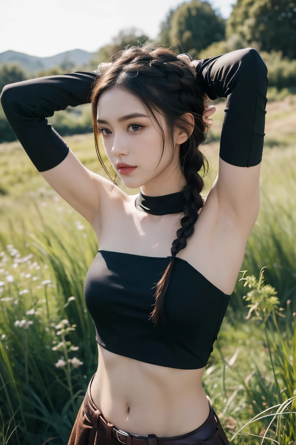 Braided hair, armpit, off shoulder sleevesless gothic outfit, stomach, grass trees background 