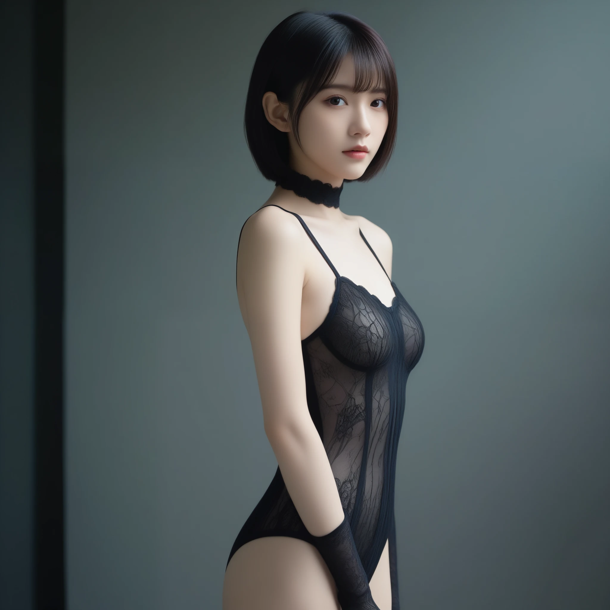 8k, Ultra-high resolution, highest quality, masterpiece, Surreal, photograph, 1 girl, (:1.3), pretty girl, Cute Face, Beautiful eyes in every detail, 細かくdetailedに,masterpiece,, One Girl:1.2, Japan Female Announcer, Ghoulish cyberpunk woman,Bob Haircut,(Futuristic Leotard:1.05),Lace blouse,(lace stockings with garters), Are standing, (In a post-apocalyptic scenario:1.2),Expression of despair,Dark and atmospheric lighting, This pose expresses a somber ecstasy.,Bold Pose,Looking at the audience、beauty,Long neck、Laugh a little、Please close your mouth and laugh、(((Ideal body type))),A cup small breasts :2,、Portraiture:2、Perfect Anatomy、鮮明なdetailed、detailed、Surreal、Light and shadow,Strong light