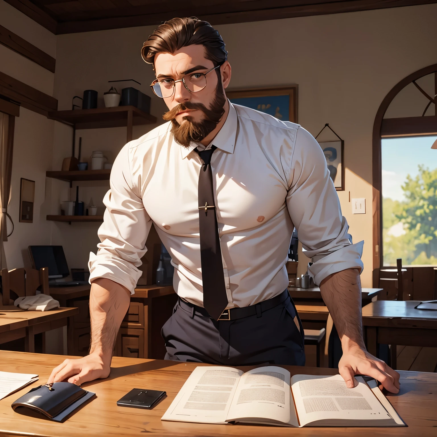 Homme aux cheveux mi-longs attachés avec une barbe de taille moyenne portant des lunettes et une blouse blanche assis à une table fumant une pipe