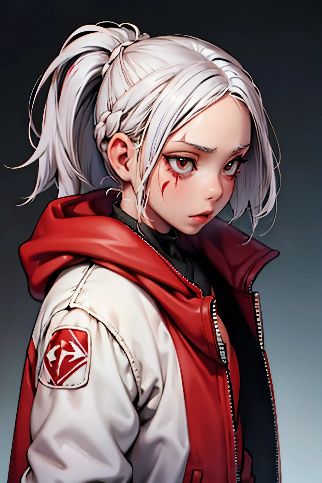 
naked girl with white gray hair, red jacket, scars on her face, gets fucked