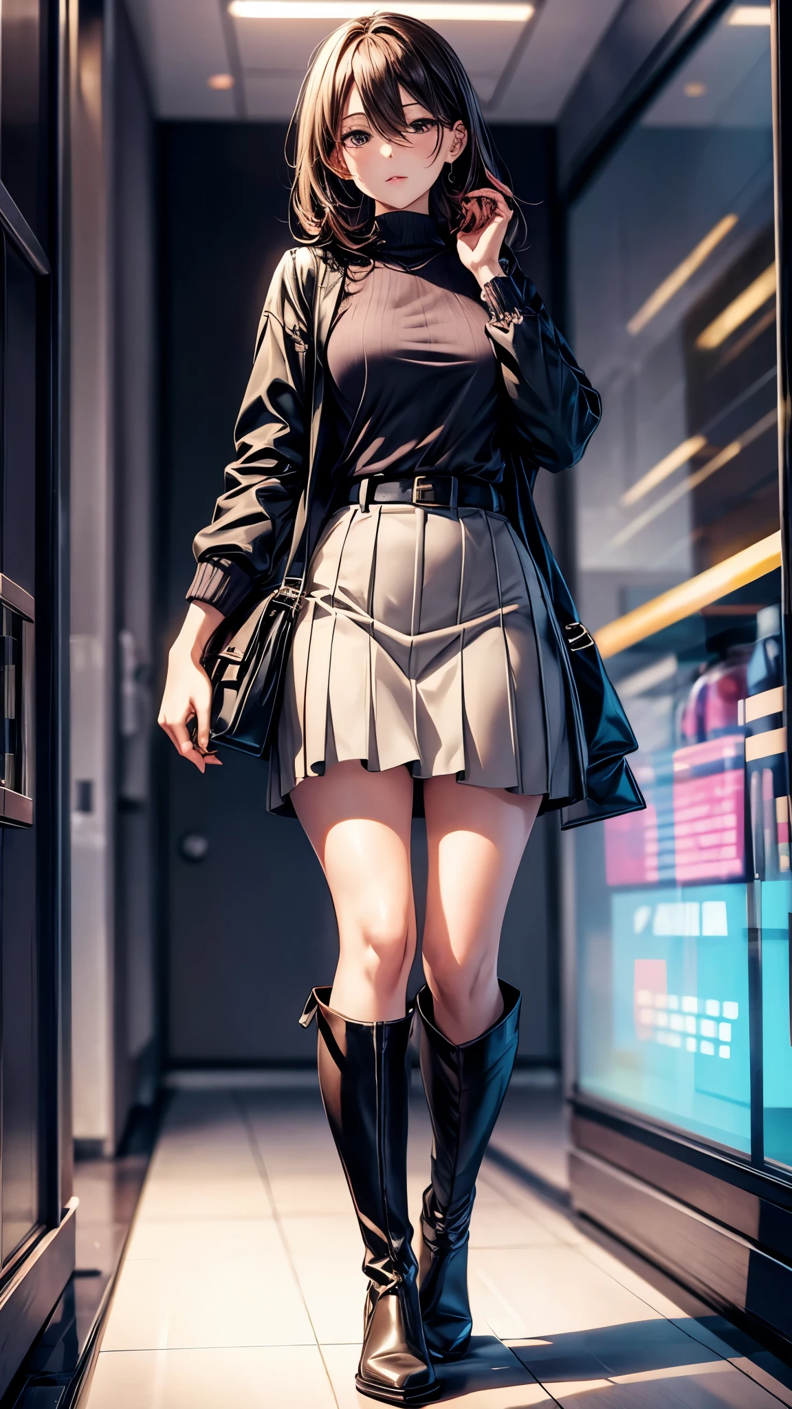 Masterpiece, Best Quality, (Realistic, Photo Realistic: 1.37), 8K, An Extremely Delicate and Beautiful, Amazing, Fine Detail, Official Art, Absurd, Incredibly Absurd, Huge File Size, Ultra Detailed, Extremely Detailed, Beautiful Meticulous Girl, 1 Girl, (Perfect Female Figure), Full Body, Short Skirt, Long Legs,