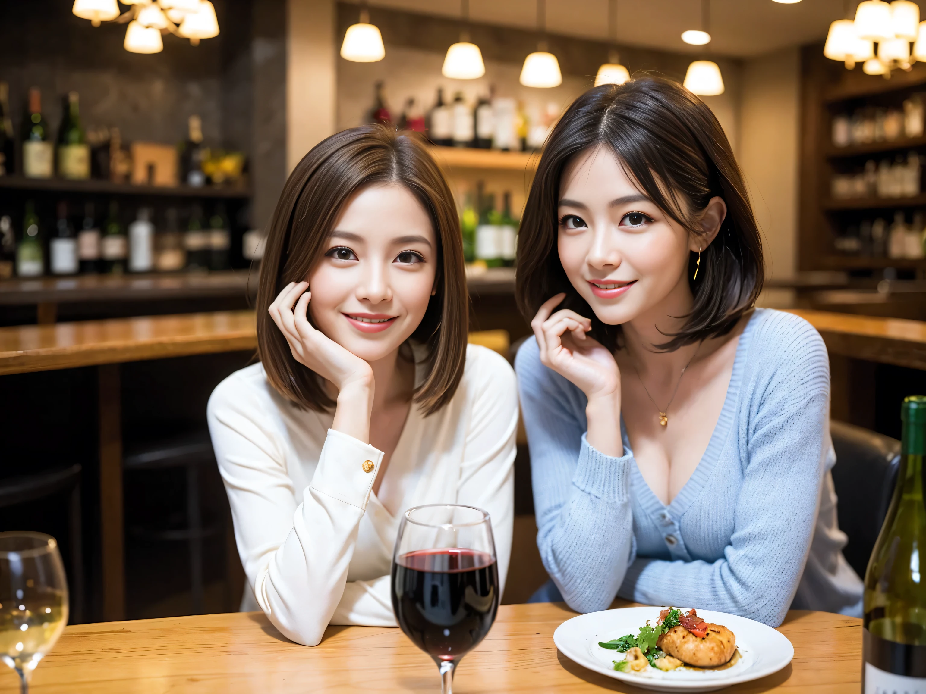 ((highest quality、8k、masterpiece:1.3))、1 male、1 female、Satomi Ishihara lookalike couple、Spouse、Brown Hair Couple、The body is slim、((Bob Hale、Straight hair:1.2)), (Realistic, Intricate details:1.2), Wine glass on the table、Put the light on your face、 Amazing view of the sunset sky and clouds、Amazing mountain views、A bright smile、The wonderfulness of smile、Bright image、The beauty of wine, Beautiful Face, blue eyes, The light shines on your face, Blushing, short hair,Bright Face、 (41 years old), 39 years old, red wine 、Appetizers、Italian food、Wine bottle、Champagne、sparkling wine、Two beauties、Brown Hair、Shortcuts、Long sleeve shirt、dress、Pretty Woman 1, (Slim face), (The body is slim), (Brown Hair), (Shortcuts), cheeks turn a little red,Attractive beauty、restaurant, In a prominent place (From the waist up) Nova Frog Style, actress, model, Upper Body, White wine, slim, wine glass, A wine glass placed in the center, smile, (smile: 1.15), Beautiful fine grain, Depth f/2,saturation, High Contrast, Strong light and shadow,Moist Body:1.5、3D texture、Delicate eyes、Brown Hair、The hair is very shiny、