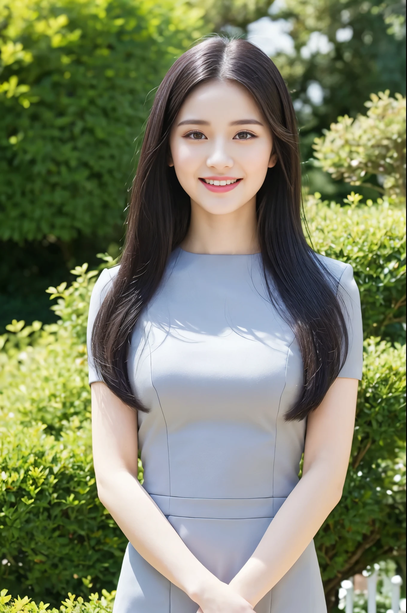 22-year-old girl, with gray eyes, pale white skin, normal body, smiling, black hair, photo taken with an ultra-realistic professional camera, very elegant clothes as an opening guest in a huge garden