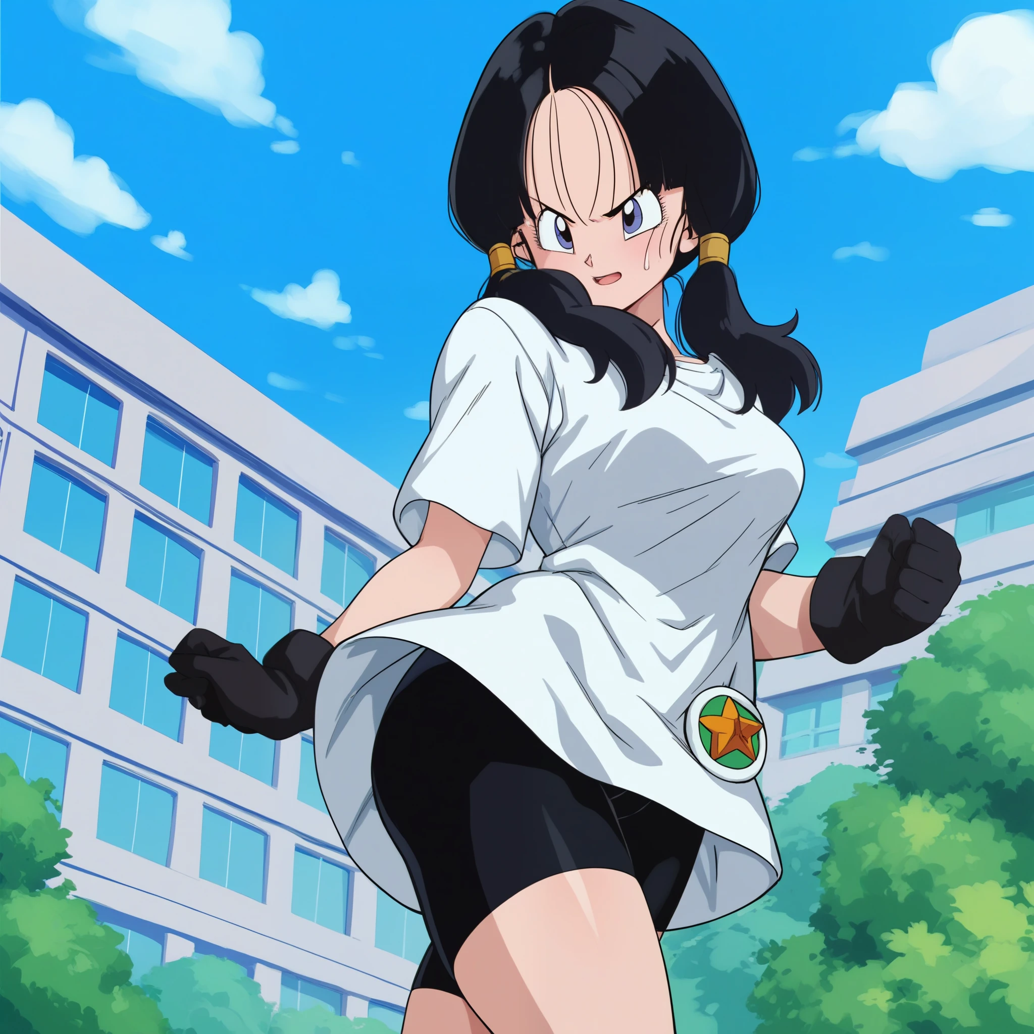 score_9, score_8_up, score_7_up, score_6_up, score_5_up, score_4_up, BREAK, source_anime,,videl ,twintails, 1girl, bike shorts, white shirt, black hair, gloves