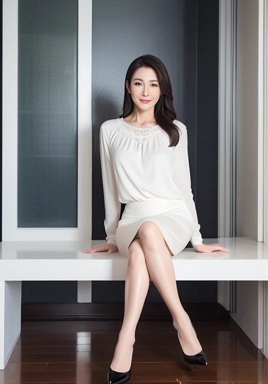 ((highest quality)), ((masterpiece)), (detailed), Beautiful Face、woman、43 years old、Supermodel body type、、Hanging:3、On a white blouse、Black Stockings。Black heels。The whole body is beautiful