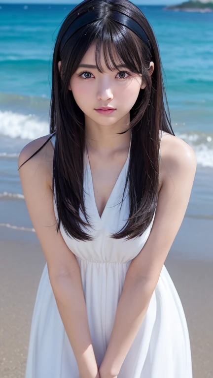 8K、Detailed Description、Very high definition、Realistic、reality的、Real、live-action、reality、High resolution、Nogizaka46、japanese idol,beautiful girl、21 years old、Angle of view that allows you to see the whole body、Pull angle of view、Sleeveless dress、Knee-up-top angle of view、Mouth closed、Tropical Beach、sunny、Long Hair、Very black hair、Hair blowing in the wind、pretty girl、Beauty、Glowing Skin、Glowing Skin、Shiny Hair、Very white skin、Headband、Heavy makeup、Embarrassed、Shyly、Slit eyes、Big Eyes、Double eyelids、Don&#39;t show your teeth、Back view、turn around、Cross your arms behind your hips、Feet in the sea、Standing in the distance、Visible from head to toe