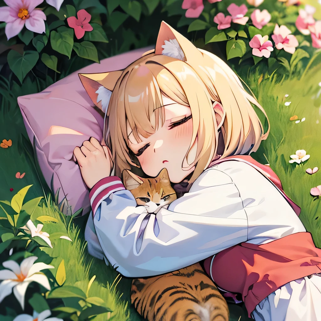 8K, (anime, manga, illustration:1.3),insanely detailed, absurd, (1girl, cat), kawaii, (sleep, hug:1.2), garden