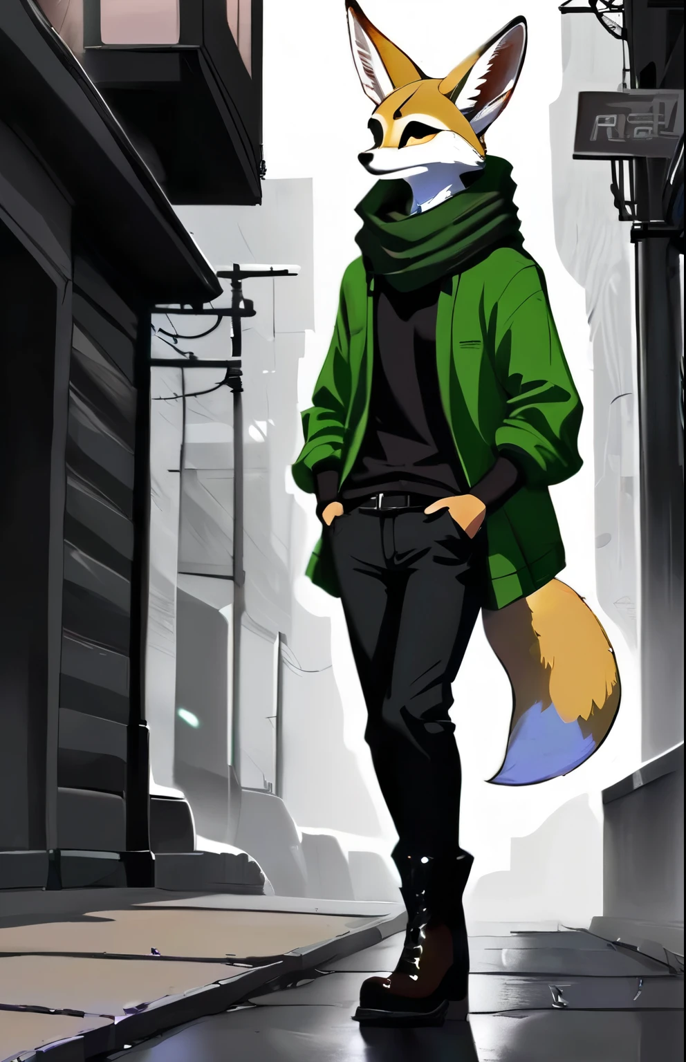 Stylized cinematic anime art, fofo antro peludo, Fennec boy, black pants,e botas extravagante ,single tail, moletom de inverno , cachecol preto , olhos verdes , fundo branco , pelos roxo escuro