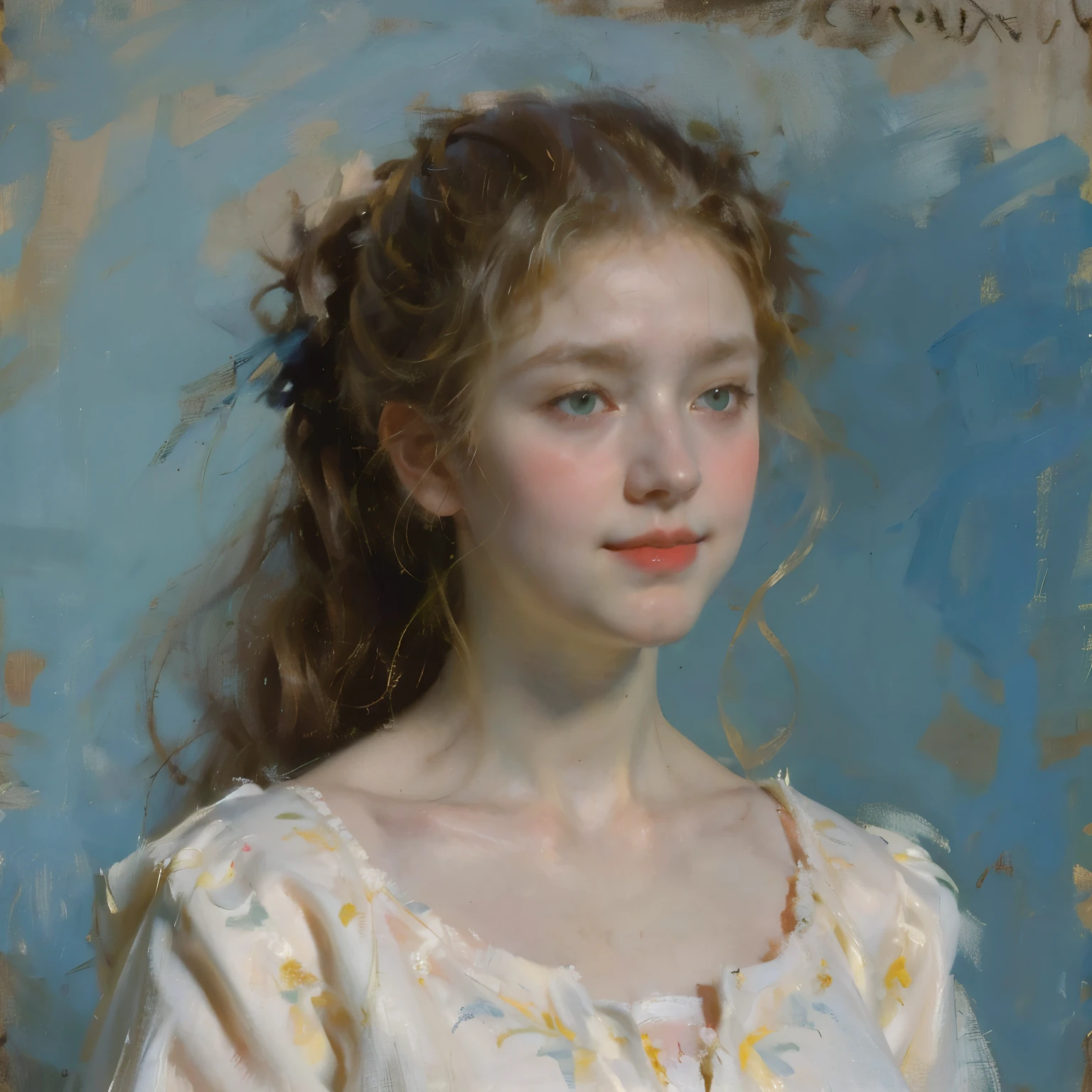 Portrait, blonde hair, straight hair, long hair, white classical pajama gown, green eyes, classical portrait style, beautiful girl, oil painting, 18 years girl, face closed up, face focus, side face, face closed up, (one color pastel blue background), no cheek,( side view), shy smile