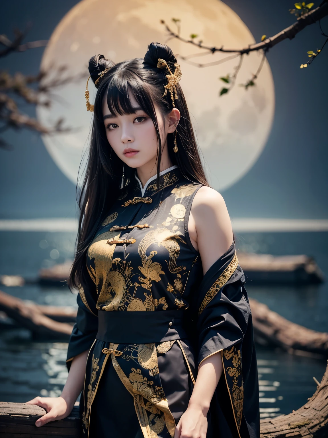 Masterpiece, best quality, outdoor, night, full moon, lakeside, branches, 1 girl, mature girl, Chinese style, ancient China, black hair, black eyes, forked hair, long hair, long bangs, masculine, gentle, tall, calm, black and gold mixed clothing, gold pattern, dragon pattern, princes,