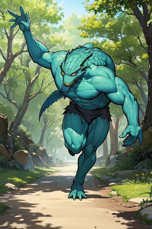 Lizardman, muscular, clothes, running in the park.