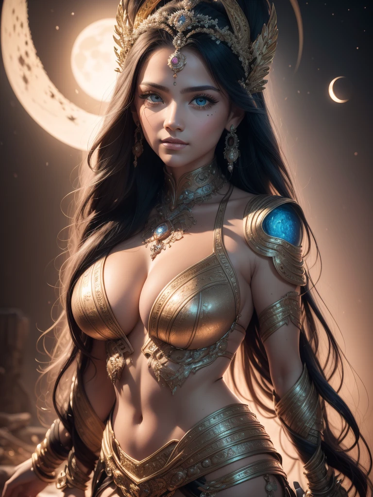 （Best quality，Ultra - details，best illustration，best shadow，the masterpiece，a high resolution，Professional illustrations，famous works of art），detailed eyes，beautiful eyes，Cleavage close up，Sci-fi，colored sclera，robot eyes，marks on the face，Tattooed with，（fractalized，fractal eyes），big eyes，Eyes wide open，（eye focus），focus on the face，cosmic eyes，cosmic eyes，Close-up of a metal sculpture of a woman with the moon in her hair，welcome。Extremely high detail，3D Portrait Goddesses，Extremely detailed depictions of the goddess，stunning portrait of a goddess，Side image of the goddess，Portrait of a beautiful goddess，Full length portrait of the goddess.，The goddess Hekta，Portrait of the Scandinavian moon goddess，Goddess of space and time