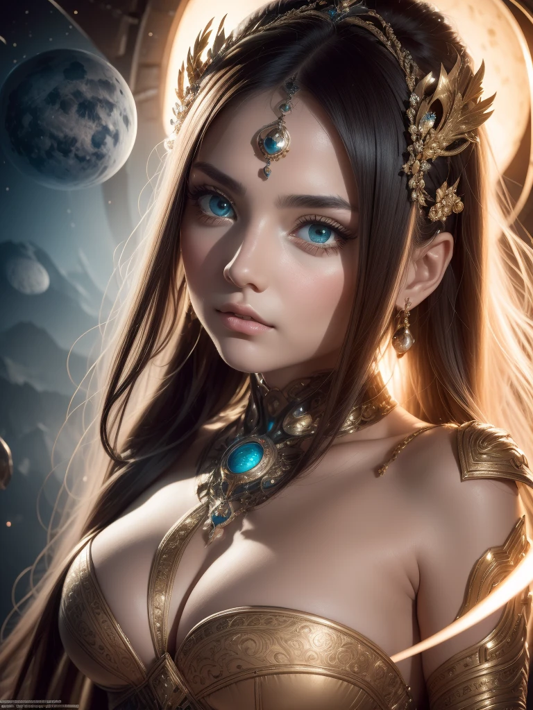 （Best quality，Ultra - details，best illustration，best shadow，the masterpiece，a high resolution，Professional illustrations，famous works of art），detailed eyes，beautiful eyes，Cleavage close up，Sci-fi，colored sclera，robot eyes，marks on the face，Tattooed with，（fractalized，fractal eyes），big eyes，Eyes wide open，（eye focus），focus on the face，cosmic eyes，cosmic eyes，Close-up of a metal sculpture of a woman with the moon in her hair，welcome。Extremely high detail，3D Portrait Goddesses，Extremely detailed depictions of the goddess，stunning portrait of a goddess，Side image of the goddess，Portrait of a beautiful goddess，Full length portrait of the goddess.，The goddess Hekta，Portrait of the Scandinavian moon goddess，Goddess of space and time