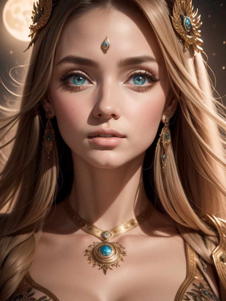 （Best quality，Ultra - details，best illustration，best shadow，the masterpiece，a high resolution，Professional illustrations，famous works of art），detailed eyes，beautiful eyes，Cleavage close up，Sci-fi，colored sclera，robot eyes，marks on the face，Tattooed with，（fractalized，fractal eyes），big eyes，Eyes wide open，（eye focus），focus on the face，cosmic eyes，cosmic eyes，Close-up of a metal sculpture of a woman with the moon in her hair，welcome。Extremely high detail，3D Portrait Goddesses，Extremely detailed depictions of the goddess，stunning portrait of a goddess，Side image of the goddess，Portrait of a beautiful goddess，Full length portrait of the goddess.，The goddess Hekta，Portrait of the Scandinavian moon goddess，Goddess of space and time