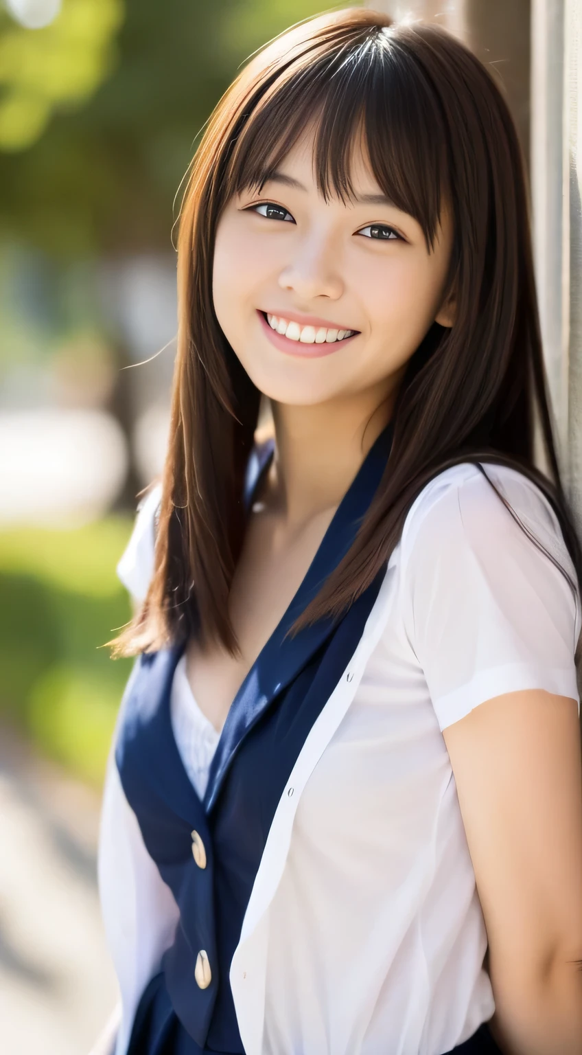 Japanese schoolgirl),((Beautiful girl)),cleavage,the expression imagining what feels good:1.2,(perfect body beauty:1.2),((perfect body)),(shy smile),beautiful teeth,