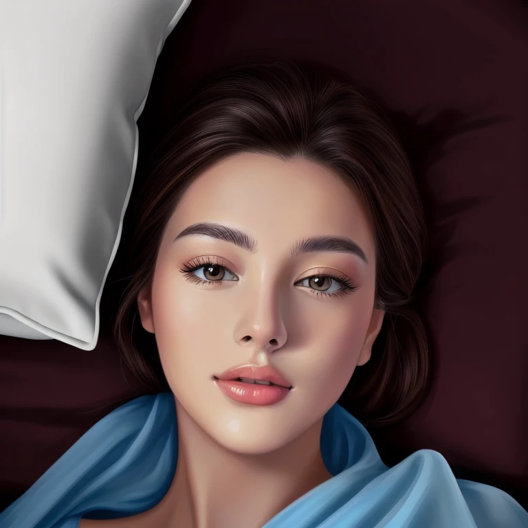 An Araf woman lies on a bed with white sheets and pillows., photohyperrealistic beautiful facehyperhyperrealistic beautiful face, Realistic digital drawing, realistic drawing of a cute girl, photoRealistic digital drawing, glossy digital painting, Airbrush digital oil painting, hyperrealistic beautiful face, digital art oil painting, digital art portrait, digital art. Realistic picture, very realistic digital art