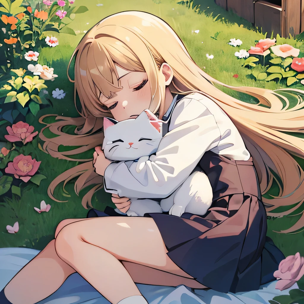 8K, (anime, manga, illustration:1.3),insanely detailed, absurd, (1girl, cat), kawaii, (sleep, hug:1.2), sunlight, garden