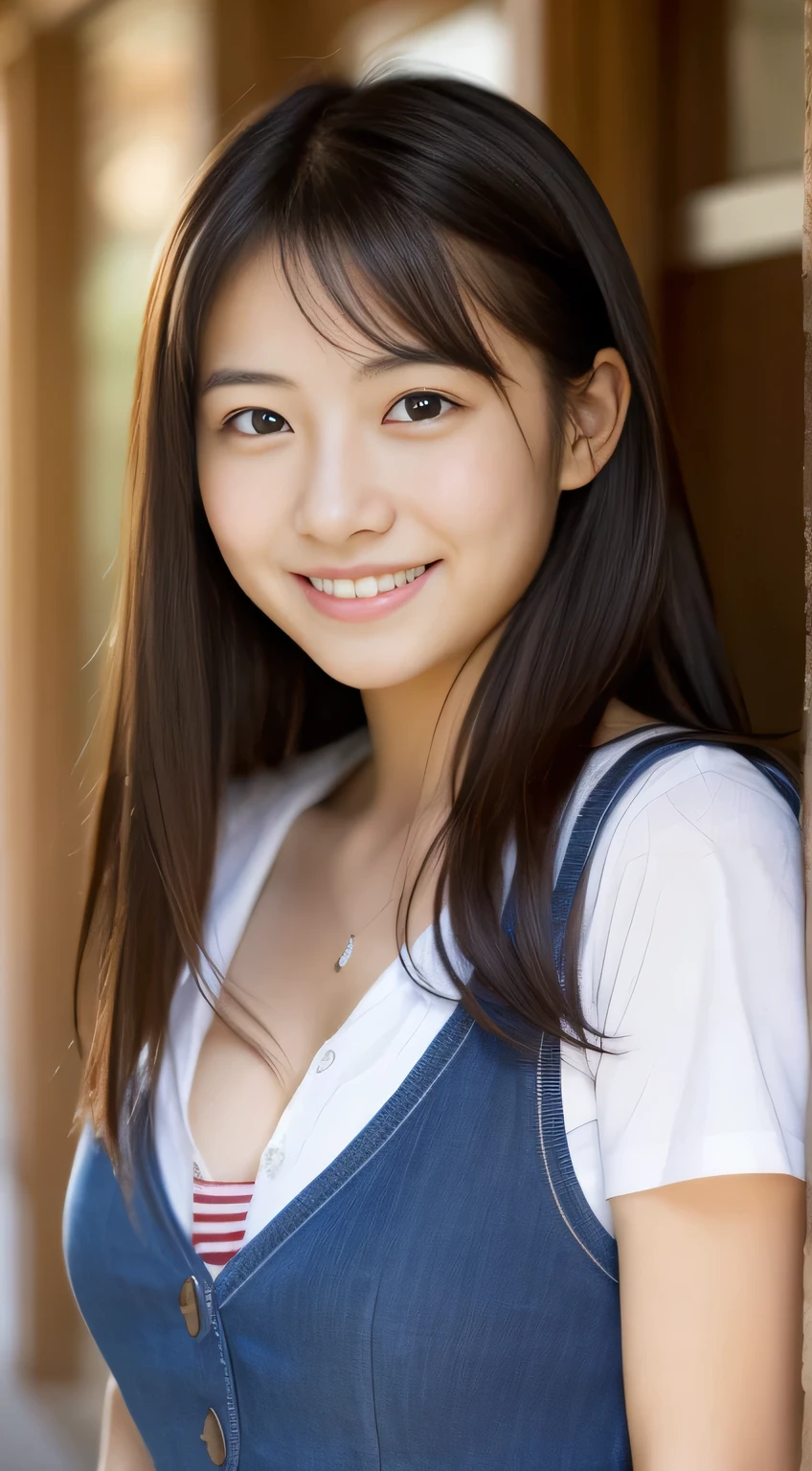 Japanese schoolgirl),((Beautiful girl)),cleavage,the expression imagining what feels good:1.2,(perfect body beauty:1.2),((perfect body)),(shy smile),beautiful teeth,