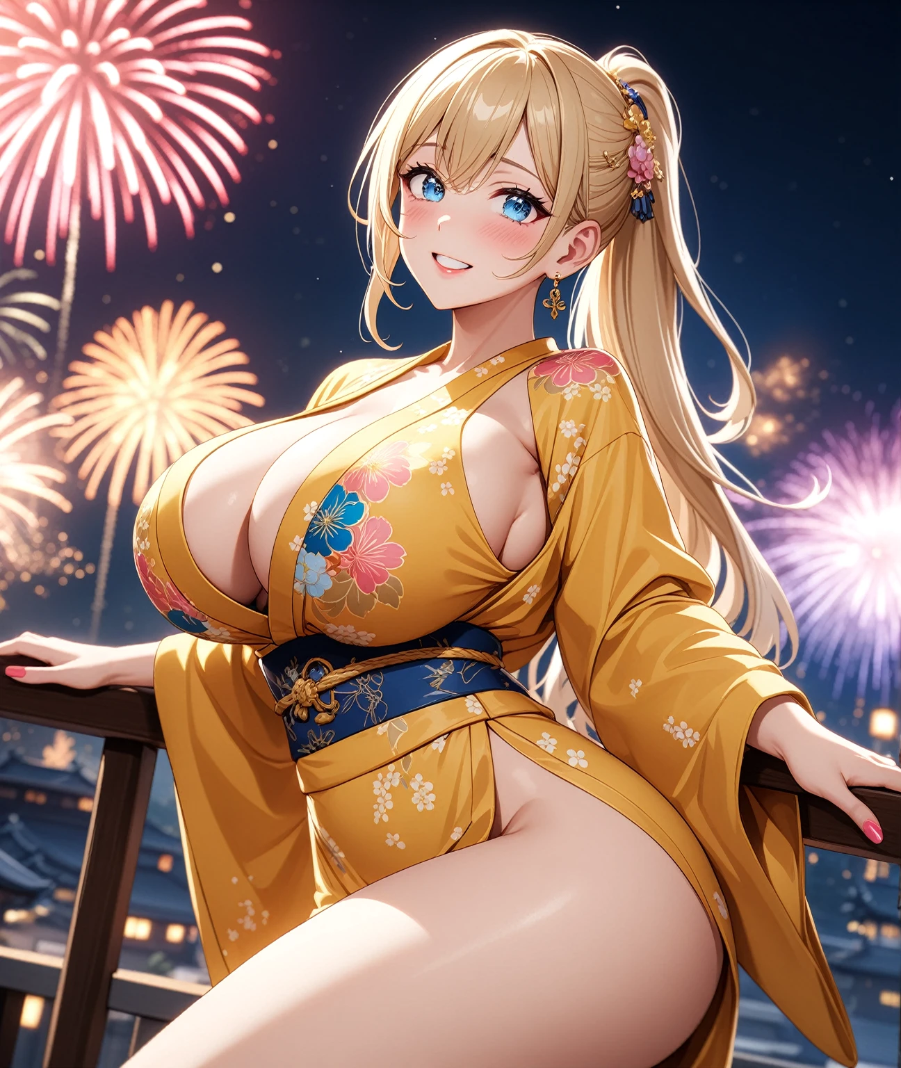 ((one personの女性)), Beautiful Face,Embarrassed and kind expression,Laugh embarrassedly,turn bright red,Glossy pink lips,night,firework, ((Anime style background)),masterpiece, highest quality, so beautiful, Latest, Complex details, (Pink long nails),AI-generated, Complex,High resolution, highest quality, super high quality,3D Images、View your viewers、3D Images,one person,Long Blonde Hair,High Ponytail,blue eyes,Anime woman posing for a photo, [[Fine grain、Colorful eyes、Shining Eyes:1.15]],(Squint your eyes:1.1),a hyperRealistic , hyperRealistic , Realistic,Blonde anime woman with long hair, Smooth anime CG art, A woman in a colorful kimono with gold embroidery, (Yellow kimono),Blue floral pattern,Long flower hair ornament,Big earrings,(Big Breasts:1.4),Mature Body,expensive,Big Ass,Fine details,Tight waist,Abdominal muscles,Shooting at an angle,Sit on the railing