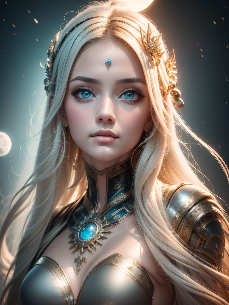 （Best quality，Ultra - details，best illustration，best shadow，the masterpiece，a high resolution，Professional illustrations，famous works of art），detailed eyes，beautiful eyes，Cleavage close up，Sci-fi，colored sclera，robot eyes，marks on the face，Tattooed with，（fractalized，fractal eyes），big eyes，Eyes wide open，（eye focus），focus on the face，cosmic eyes，cosmic eyes，Close-up of a metal sculpture of a woman with the moon in her hair，welcome。Extremely high detail，3D Portrait Goddesses，Extremely detailed depictions of the goddess，stunning portrait of a goddess，Side image of the goddess，Portrait of a beautiful goddess，Full length portrait of the goddess.，The goddess Hekta，Portrait of the Scandinavian moon goddess，Goddess of space and time