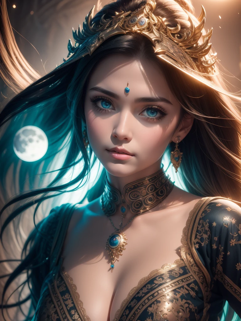 （Best quality，Ultra - details，best illustration，best shadow，the masterpiece，a high resolution，Professional illustrations，famous works of art），detailed eyes，beautiful eyes，Cleavage close up，Sci-fi，colored sclera，robot eyes，marks on the face，Tattooed with，（fractalized，fractal eyes），big eyes，Eyes wide open，（eye focus），focus on the face，cosmic eyes，cosmic eyes，Close-up of a metal sculpture of a woman with the moon in her hair，welcome。Extremely high detail，3D Portrait Goddesses，Extremely detailed depictions of the goddess，stunning portrait of a goddess，Side image of the goddess，Portrait of a beautiful goddess，Full length portrait of the goddess.，The goddess Hekta，Portrait of the Scandinavian moon goddess，Goddess of space and time