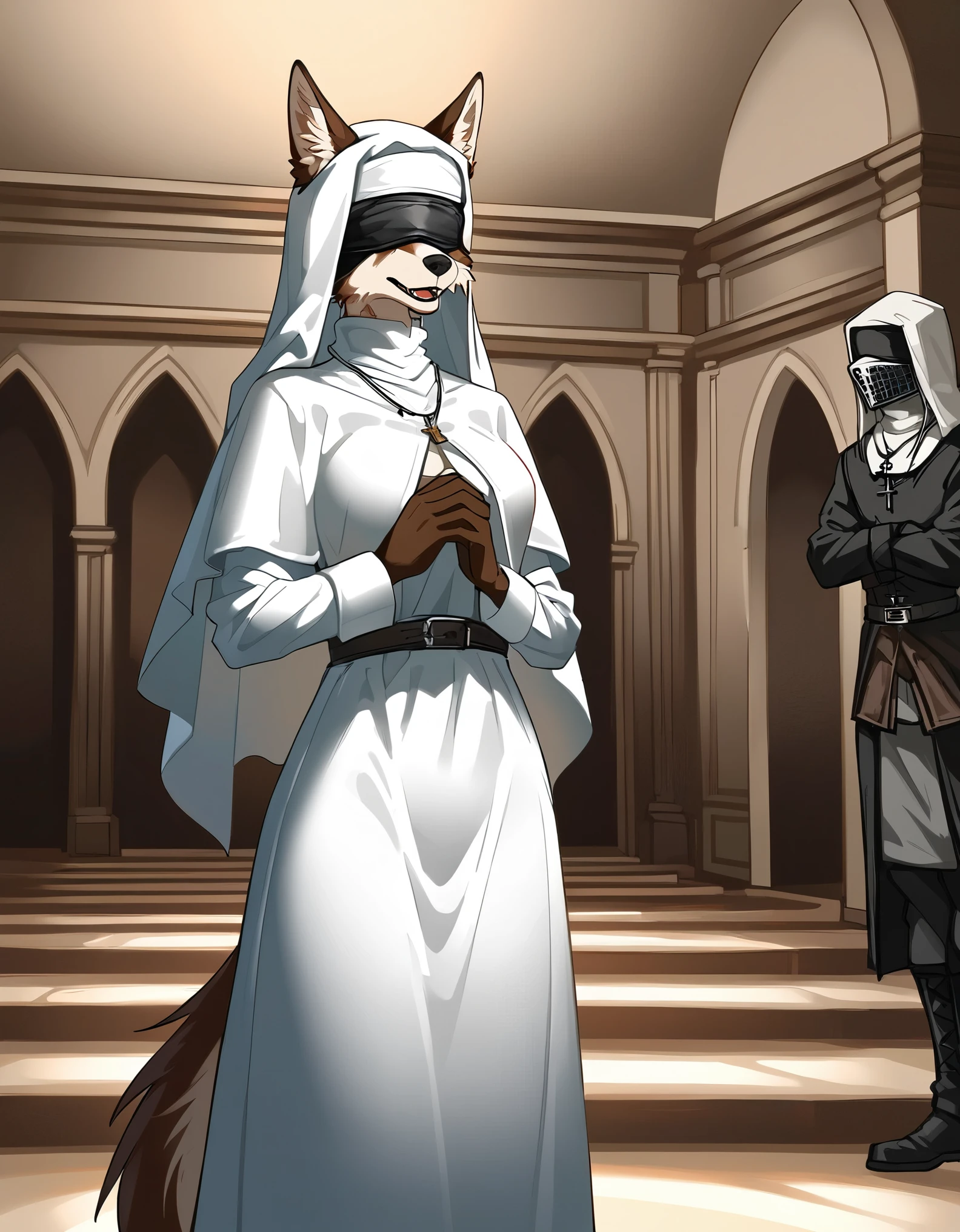 Vicar Amelia, bloodborne, Anthro canine girl, blindfolded, standing, indoors