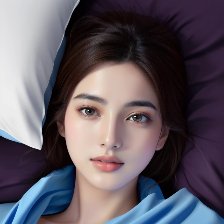 Aarav woman lies on bed with blue blanket and pillow., Realistic digital drawing, hyperrealistic beautiful face, Realistic digital drawing, Realistic digital illustrations, hyperrealistic beautiful face, Realistic digital art 4 k, Realistic digital art 4k, photohyperrealistic beautiful face, digital art images, glossy digital painting, Portrait of digital illustration, Realistic digital art, realistic drawing of a cute girl