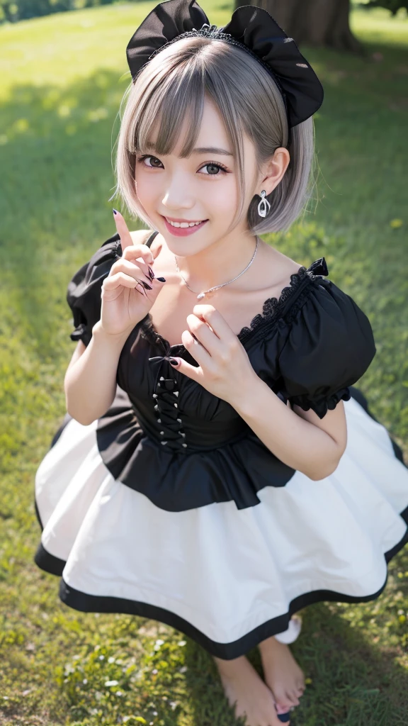(8k, Photorealistic, Raw photo, Highest quality: 1.4),Japanese idol style１Beautiful girl of the person,18-year-old,Short Bob,Silver Hair,Hang your hair over your ears,Wearing shell earrings in her ears,Big, clear grey eyes,Long eyelashes,Tear bags,There is a blackhead under the left eye,Plump Cheeks,Pink lip gloss for glossy, plump lips,Smiling,No teeth showing,Both hands have black nail polish on their nails,barefoot,Both toenails have black nail polish,Wearing a black Gothic Lolita dress,Standing on the grass under a tree in the park,The noble lady&#39;s greeting as she lightly lifts her dress with both hands,She is surrounded by the gentle sunlight filtering through the trees.,Full body portrait,View from below,Looking down at the camera