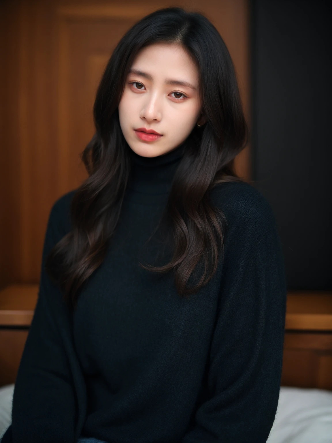 raw, photo, realistic BREAK an woman,clean skin,wearing a black turtleneck sweater,soft hair,black long curly hair,looking at the camera,More Reasonable Details,hubggirl,Chinese girl