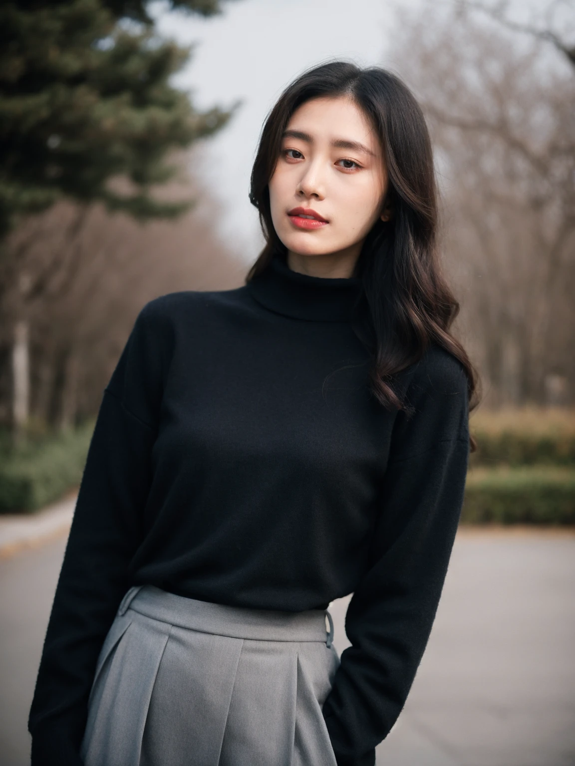 raw, photo, realistic BREAK an woman,clean skin,wearing a black turtleneck sweater,soft hair,black long curly hair,looking at the camera,More Reasonable Details,hubggirl,Chinese girl