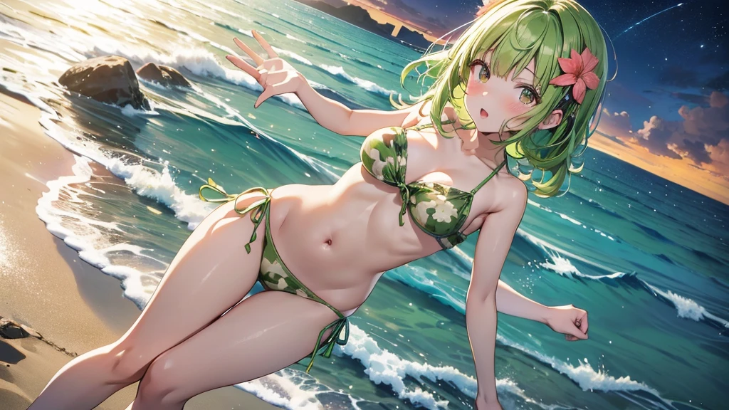 Maki: ore no imouto ga konna ni kawaii wake ga nai, 25-yers-old girl with short light green straight hair with flower hairpin on left bangs, light_brown_eyes, petite_body, average_breasts, seducing look, green camo one piece bikini, beach at night, walking down the beach, full body portrait