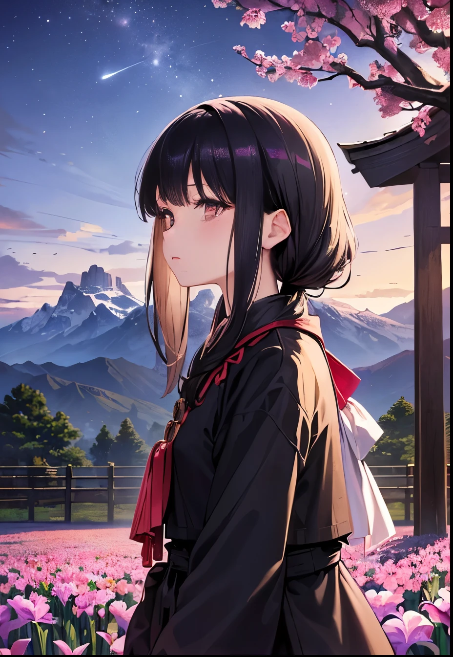 (highest quality, masterpiece),(One girl, Shrine maiden, coat, expression, Iris, Look ahead ,Black Hair, walk, Upper Body), (Night maze sky, Huge old tree behind, Shiny pink petals fall behind, The shrine behind, Mountain Background, Blowing Wind, meteor cloud)