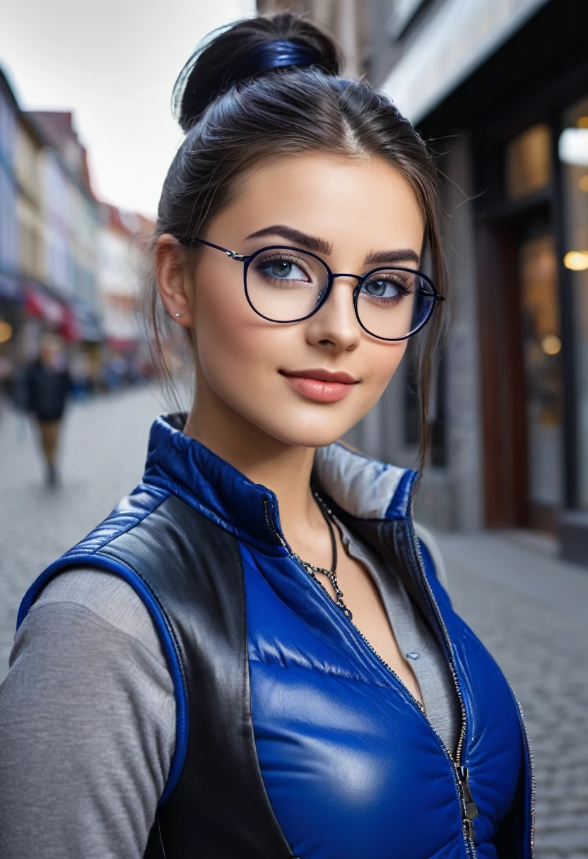 hyperrealistic beautiful busty 18-year-old teen girl with long legs wearing grey longsleeve with royal blue padded vest and black leather pants, model shooting full body photography, raven black hair with long ponytail, glasses, dark eye makeup with eyeliner, seductive smile, small necklace, 8K, Best quality, Meisterwerk, ultra high resolution, (Realismus: 1.4), Originalfoto, (realistische Hautstruktur: 1.3), (Filmkorn: 1.3), (Selfie-Winkel), 1 girl, Beautiful round hazel eyes and facial details, Meisterwerk, Best quality, street photography on a sunny day, nsfw with cameltoe